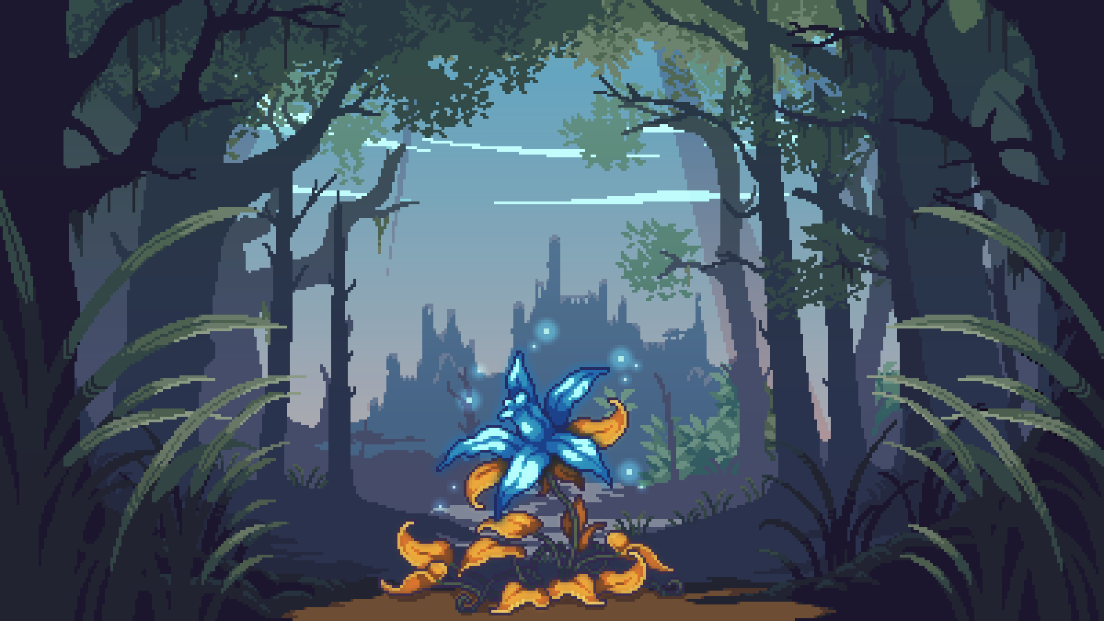 Concept art of Dragon's Grove, a misty forest with a glowing blue flower and distant ruins