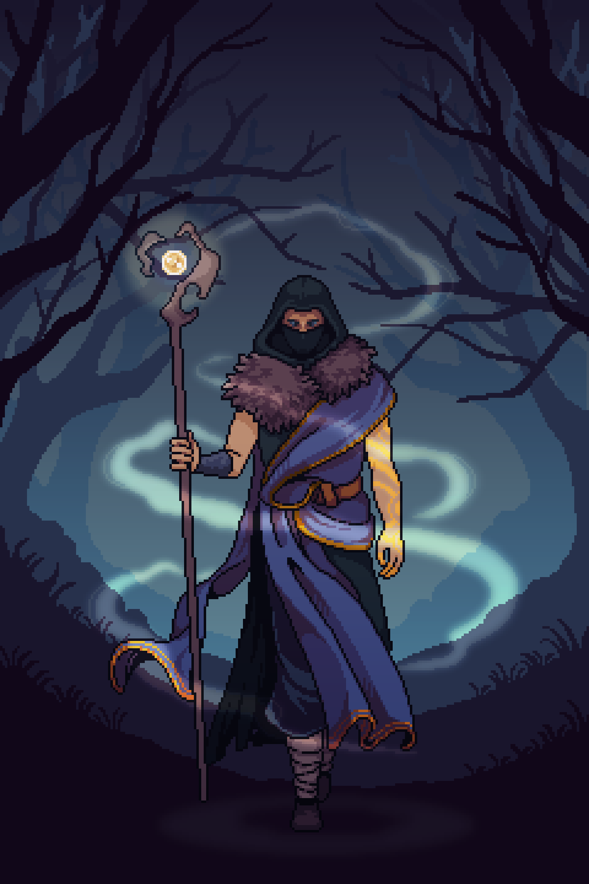 Concept art of Elkran, a hooded figure carrying a staff with a glowing orb