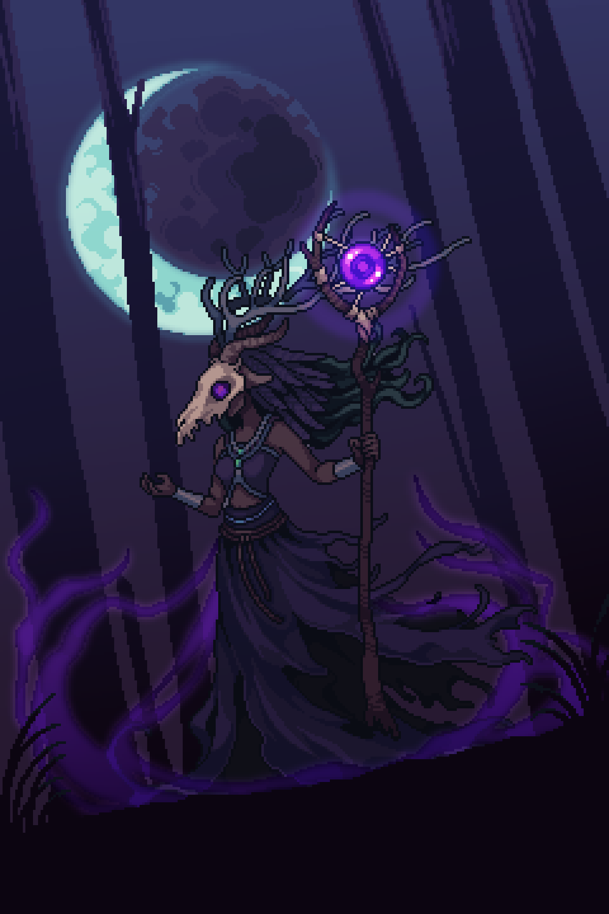 Concept art of Nythros, wearing a deer skull and holding a staff with a purple orb
