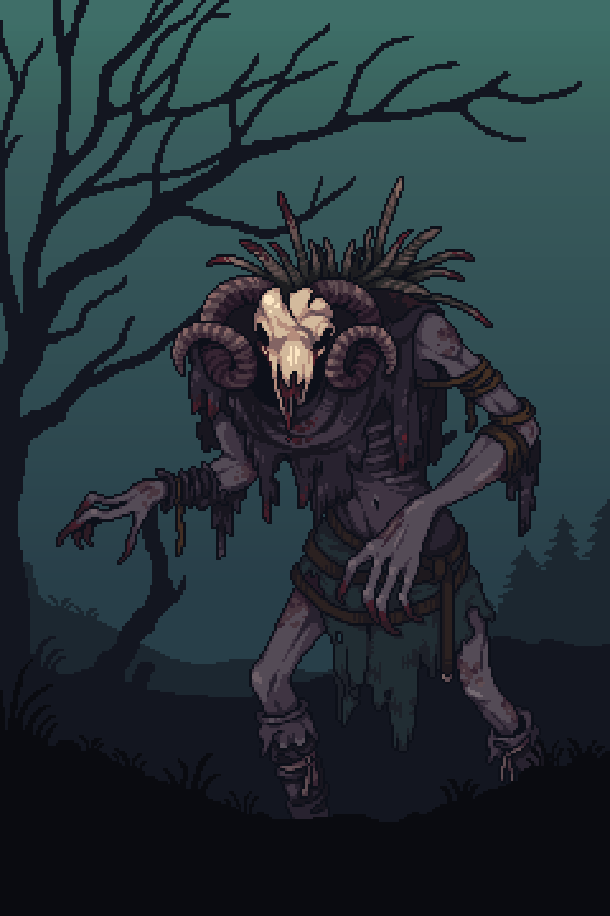 Concept art of the Withered, a gaunt creature wearing a ram skull