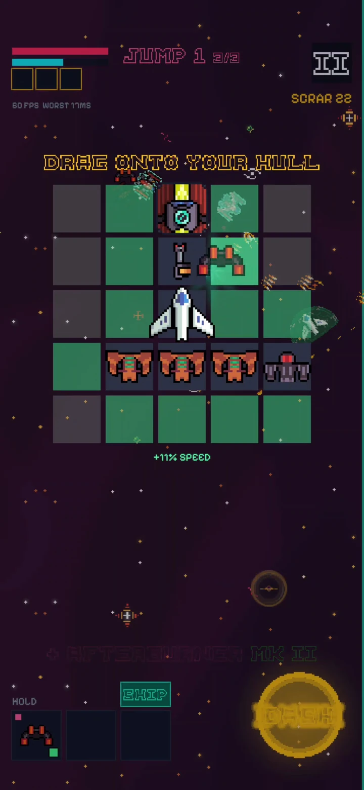 Starwake on a phone: fitting salvaged cannons and engines onto the ship's hull grid